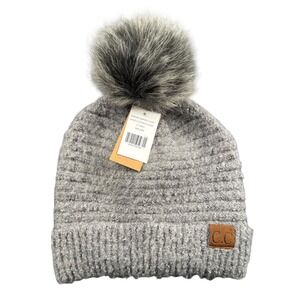 CC Beanie Pom Hat Gray Textured Knit Faux Fur Winter Warm Women 627